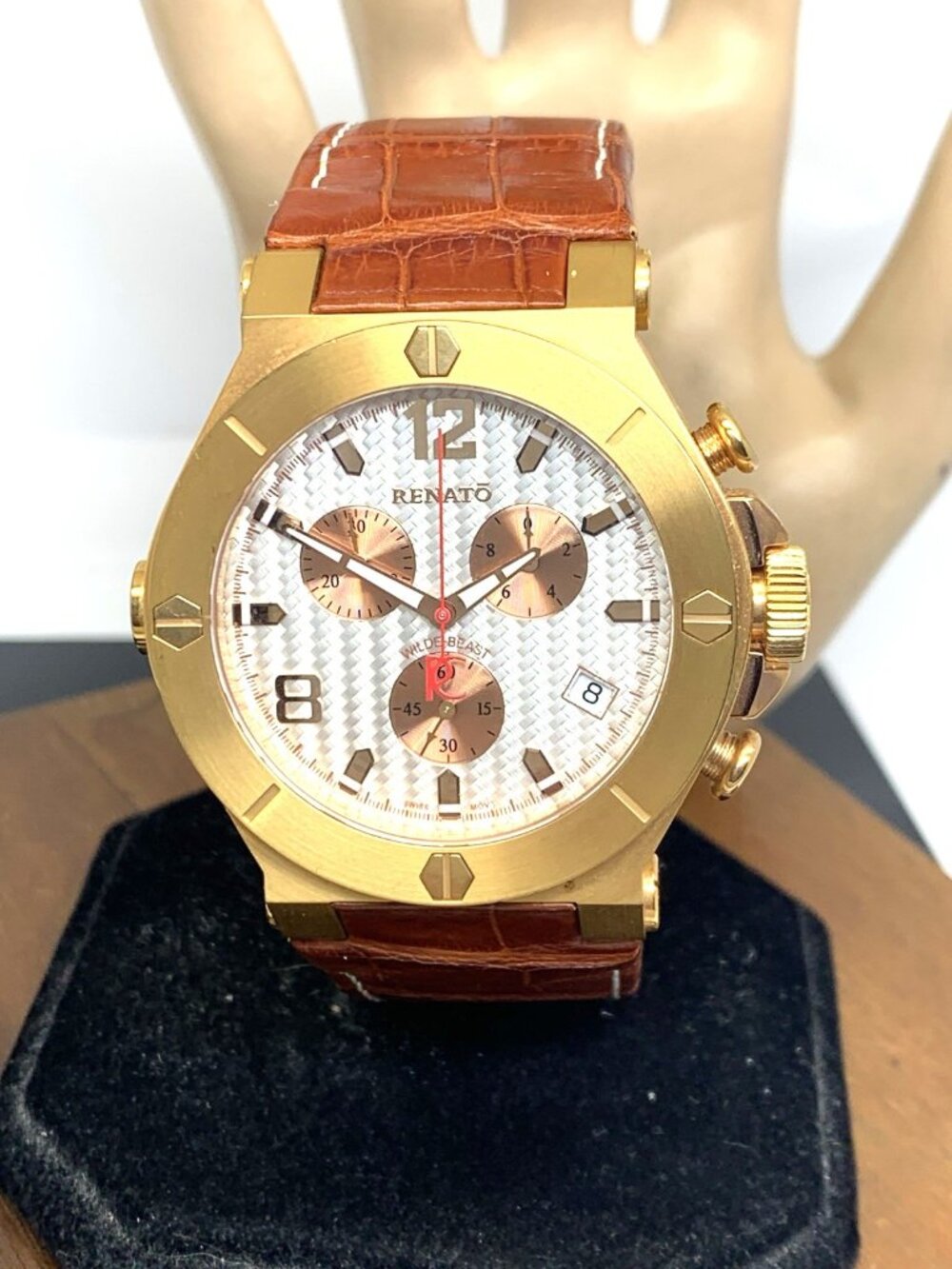 Renato Men's Watch Swiss Quartz Chronograph Rose Gold Steel Brown Leather 45mm